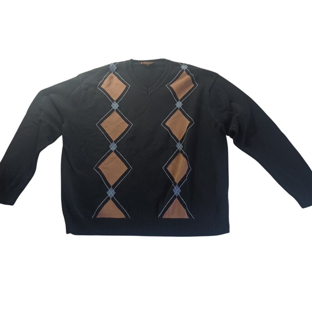 Tasso Elba V-Neck‎ Sweater Men's L Argyle Knit Cotton Pullover Golf Preppy Retro